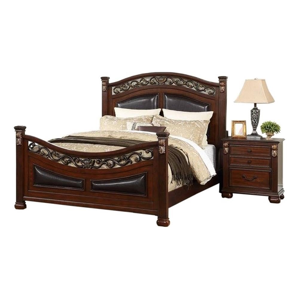 California King Wood Bed with Faux Leather Arched Headboard D61834