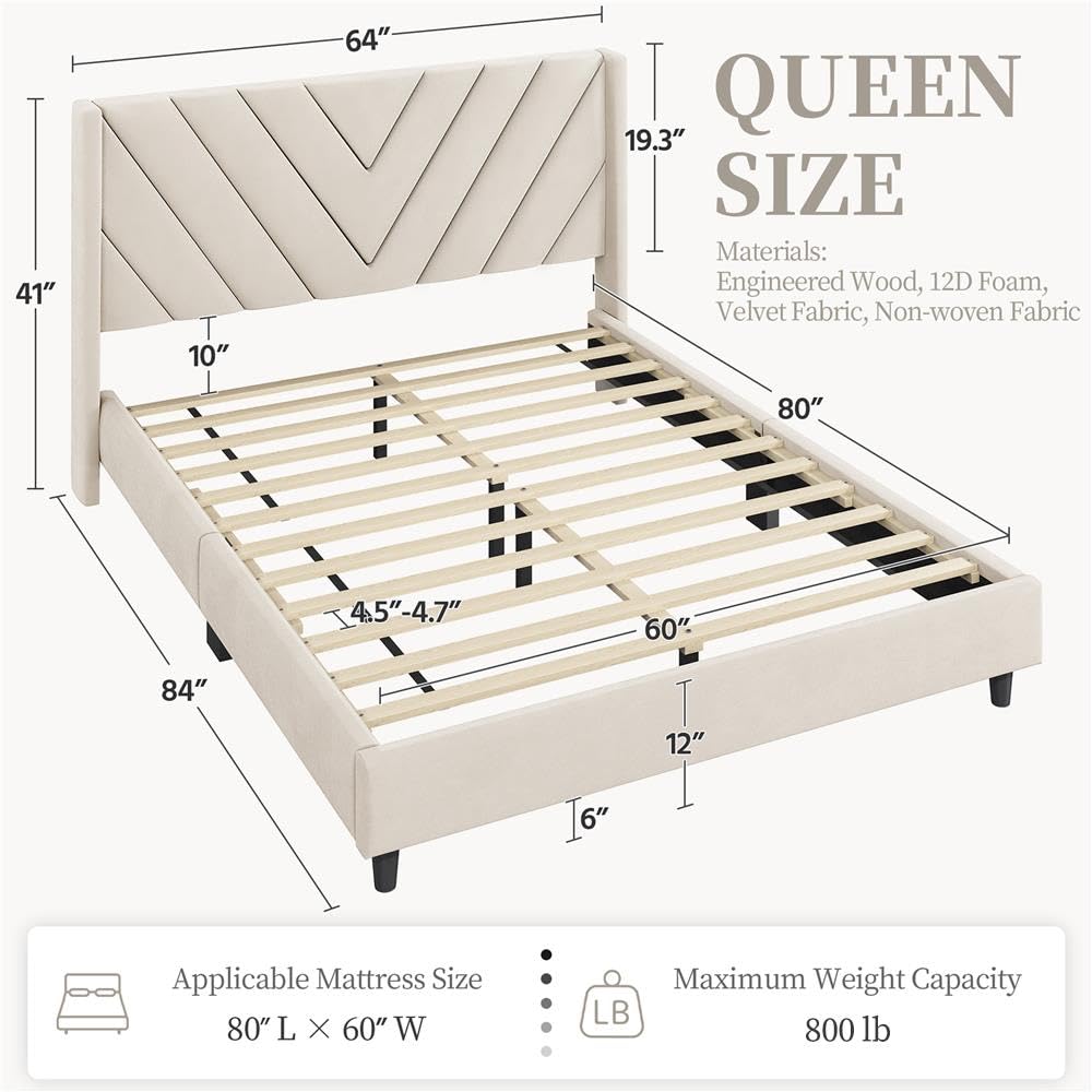 Queen Bed Frame with Tufted Headboard, Beige P229