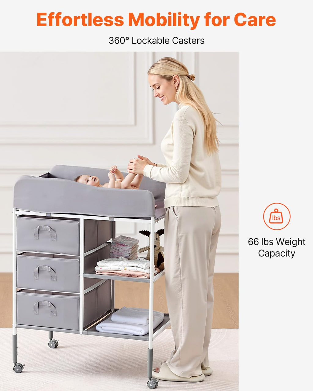 Adjustable Height Baby Changing Table with 3 Fabric Drawers G3429