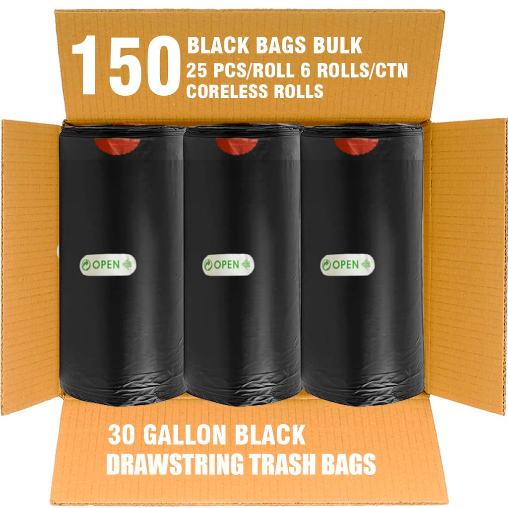 30 Gallon Drawstring Trash Bags, 150 Count Black Heavy Duty P4171