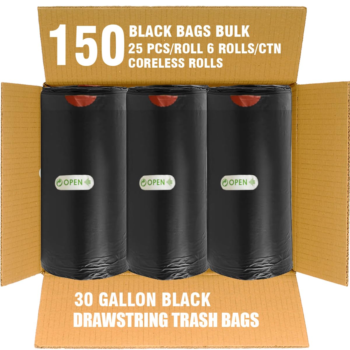 30 Gallon Drawstring Trash Bags, 150 Count Black Heavy Duty P4171