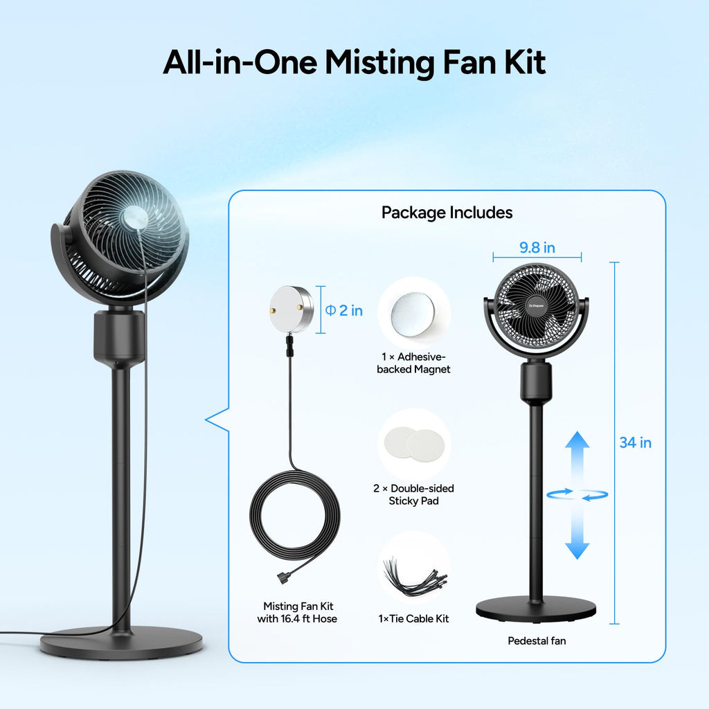 Compact Misting Pedestal Fan with Magnetic Mister, Quiet Air Circulator Standing Fan, 16-34" Adj. Height, 70°Auto-Oscillation, 3 Speeds F5091