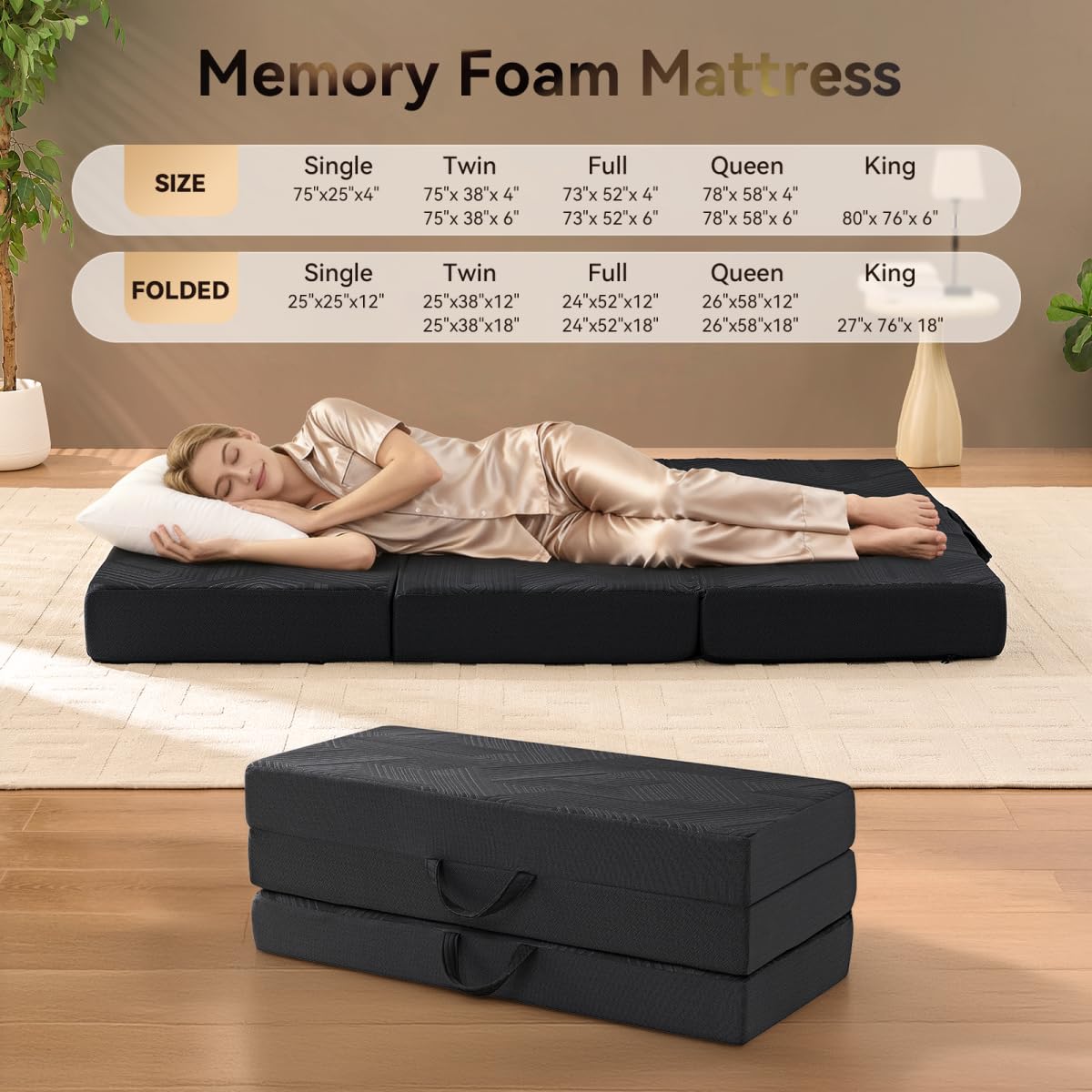 6 Inch Memory Foam Tri-Fold Twin Mattress with Washable Cover F435731