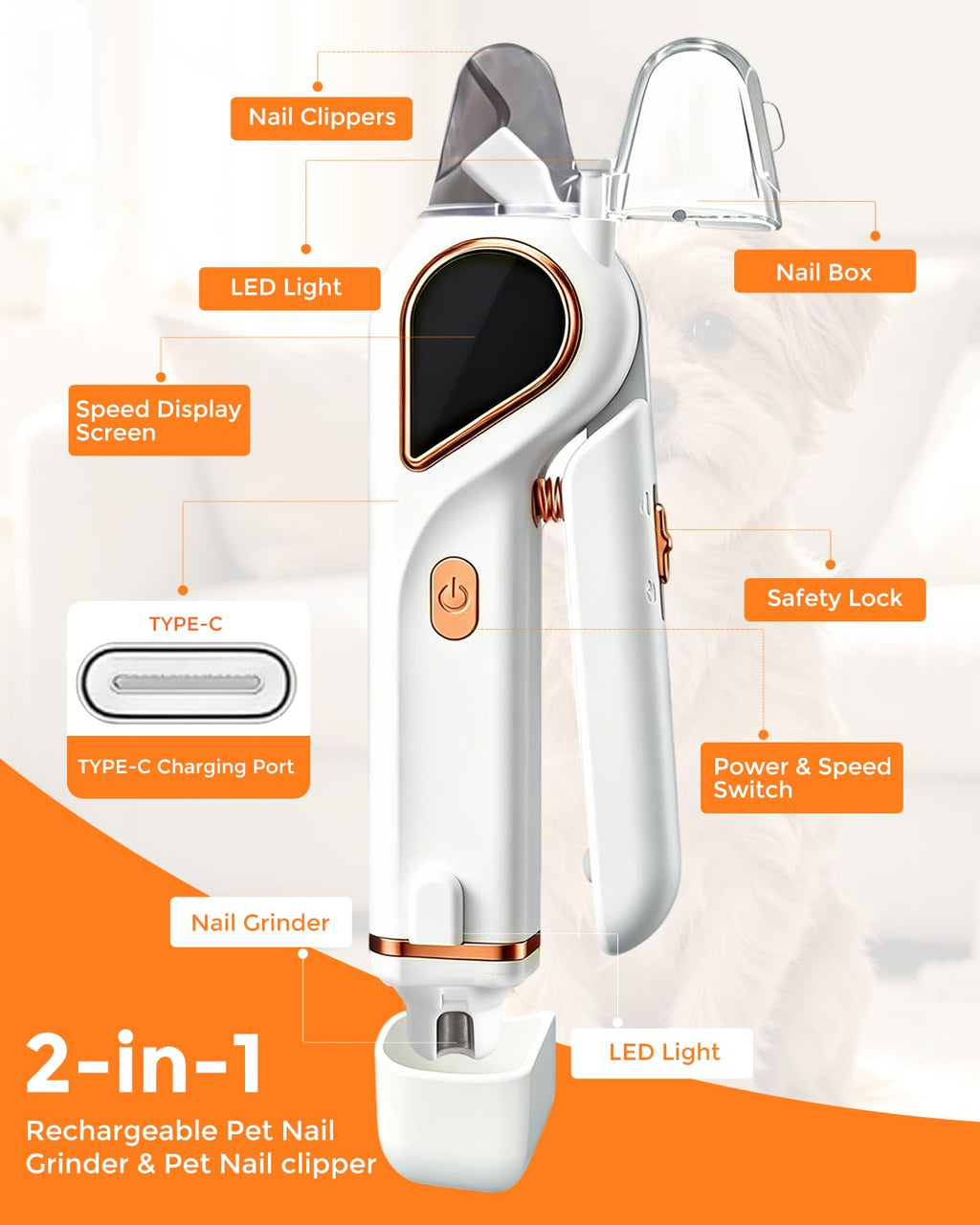 2-in-1 Dog Nail Clippers & Cat Grinder with Dual LED Lights A4980