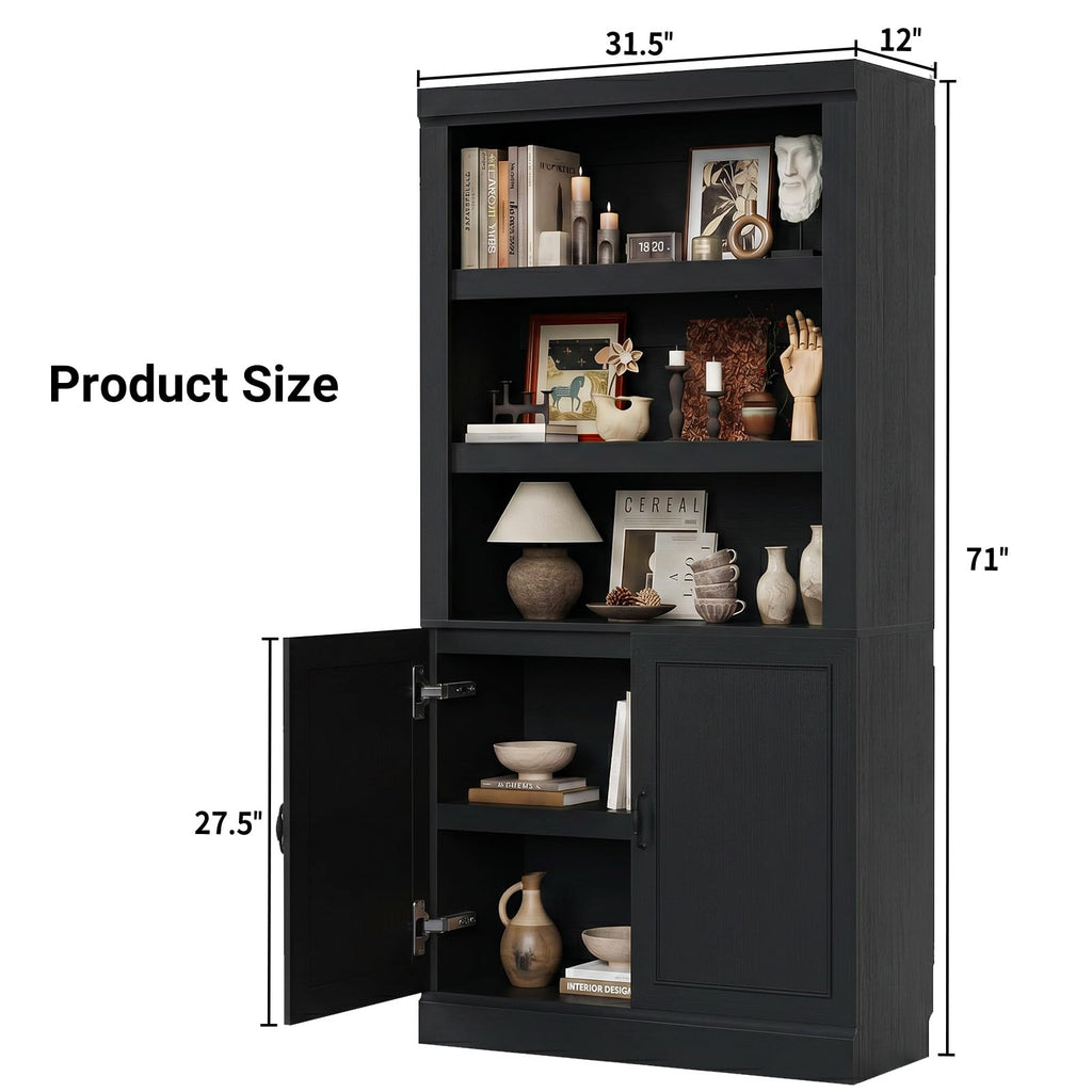 71" Tall Black Bookshelf with Doors and Adjustable Shelves H71513