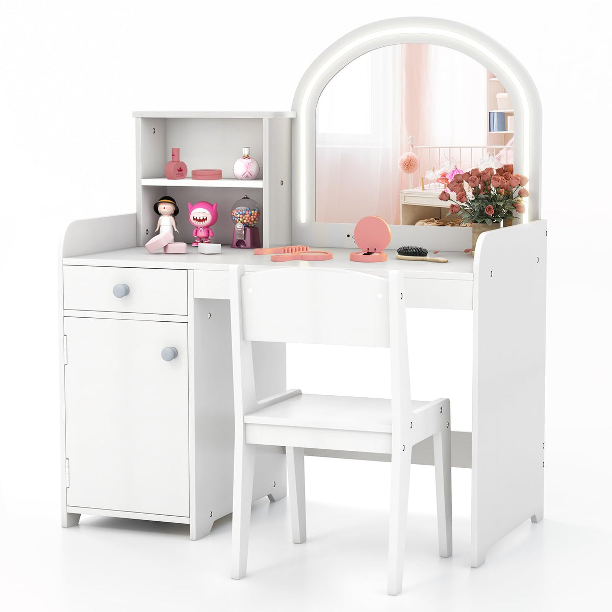 Kids Vanity Table and Chair Set with LED Lighted Mirror J85429