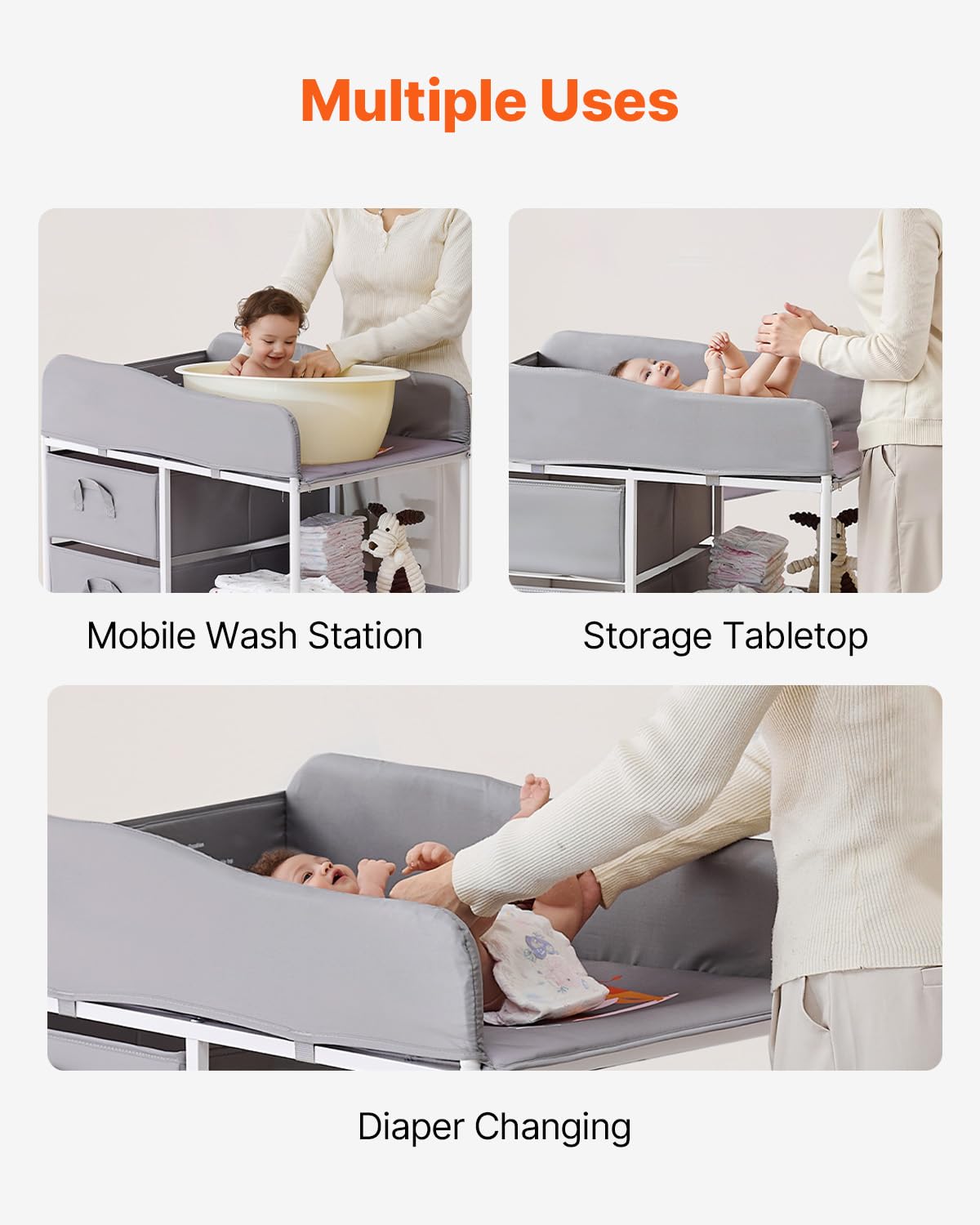Adjustable Height Baby Changing Table with 3 Fabric Drawers G3429