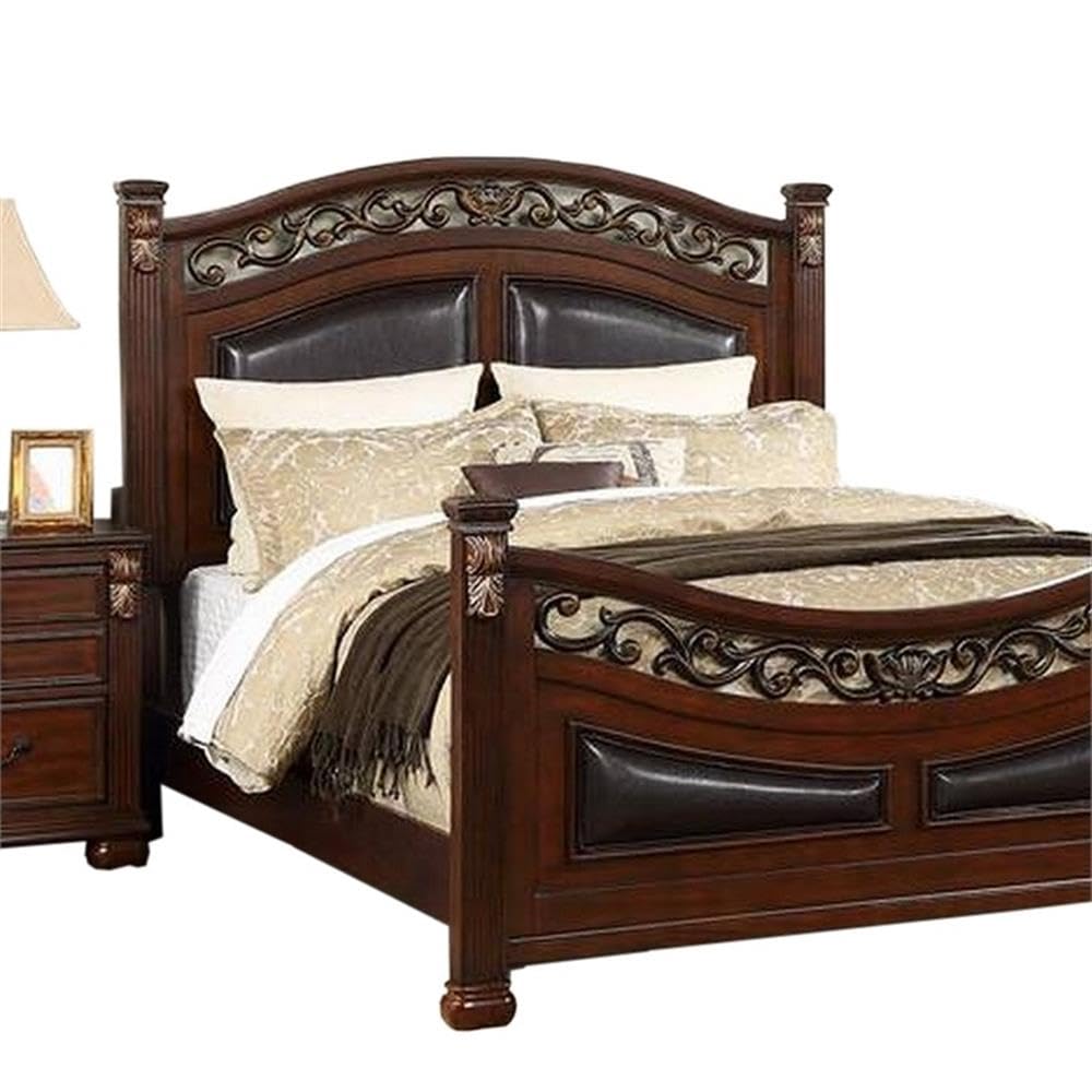 California King Wood Bed with Faux Leather Arched Headboard D61834