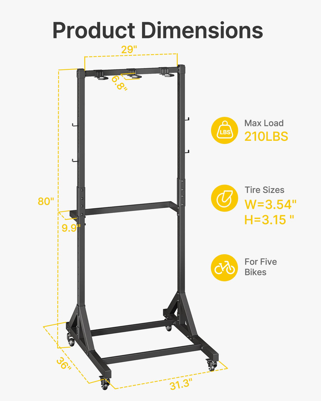 Freestanding Bike Storage Rack with Wheels for 3 Bikes W727306