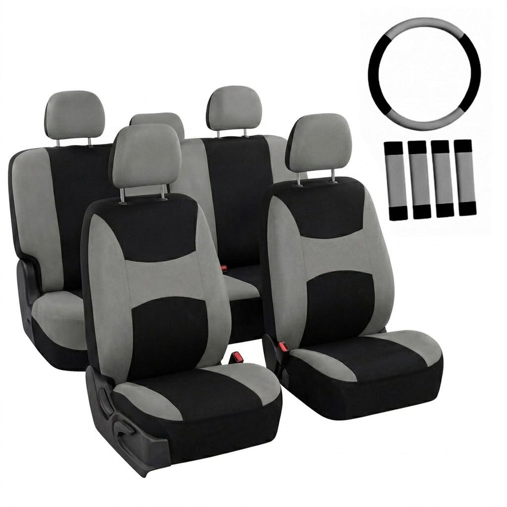 Gray Black Universal Fit Automotive Seat Covers Combo Set with Steering Wheel Cover and Seat Belt Pad I696