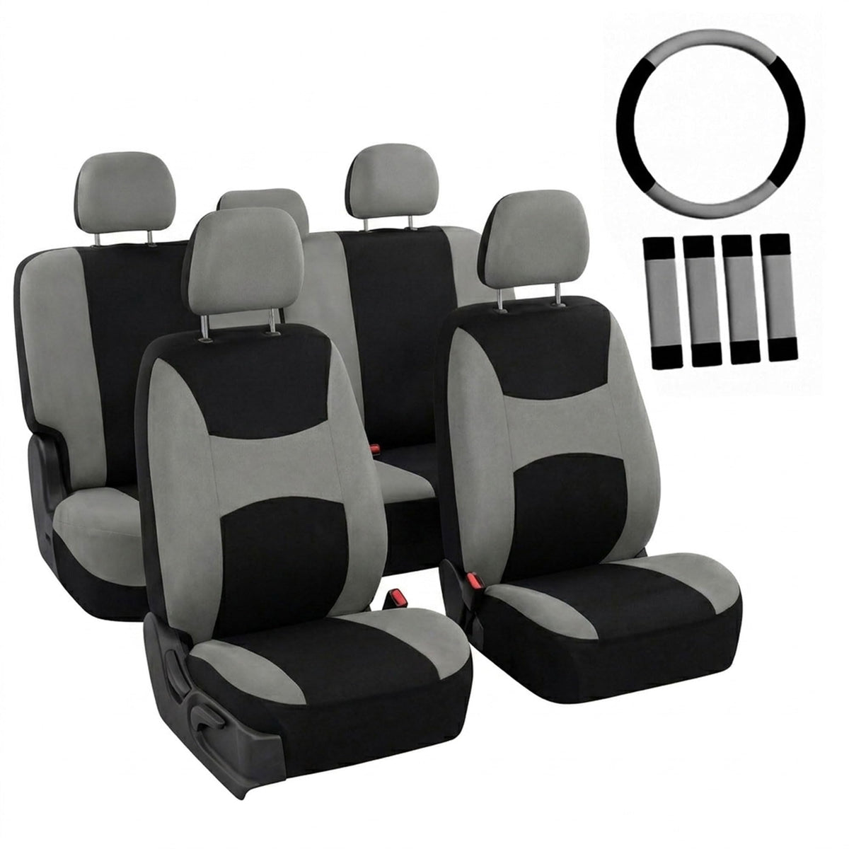 Gray Black Universal Fit Automotive Seat Covers Combo Set with Steering Wheel Cover and Seat Belt Pad I696