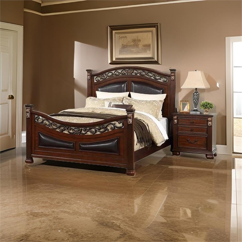 California King Wood Bed with Faux Leather Arched Headboard D61834