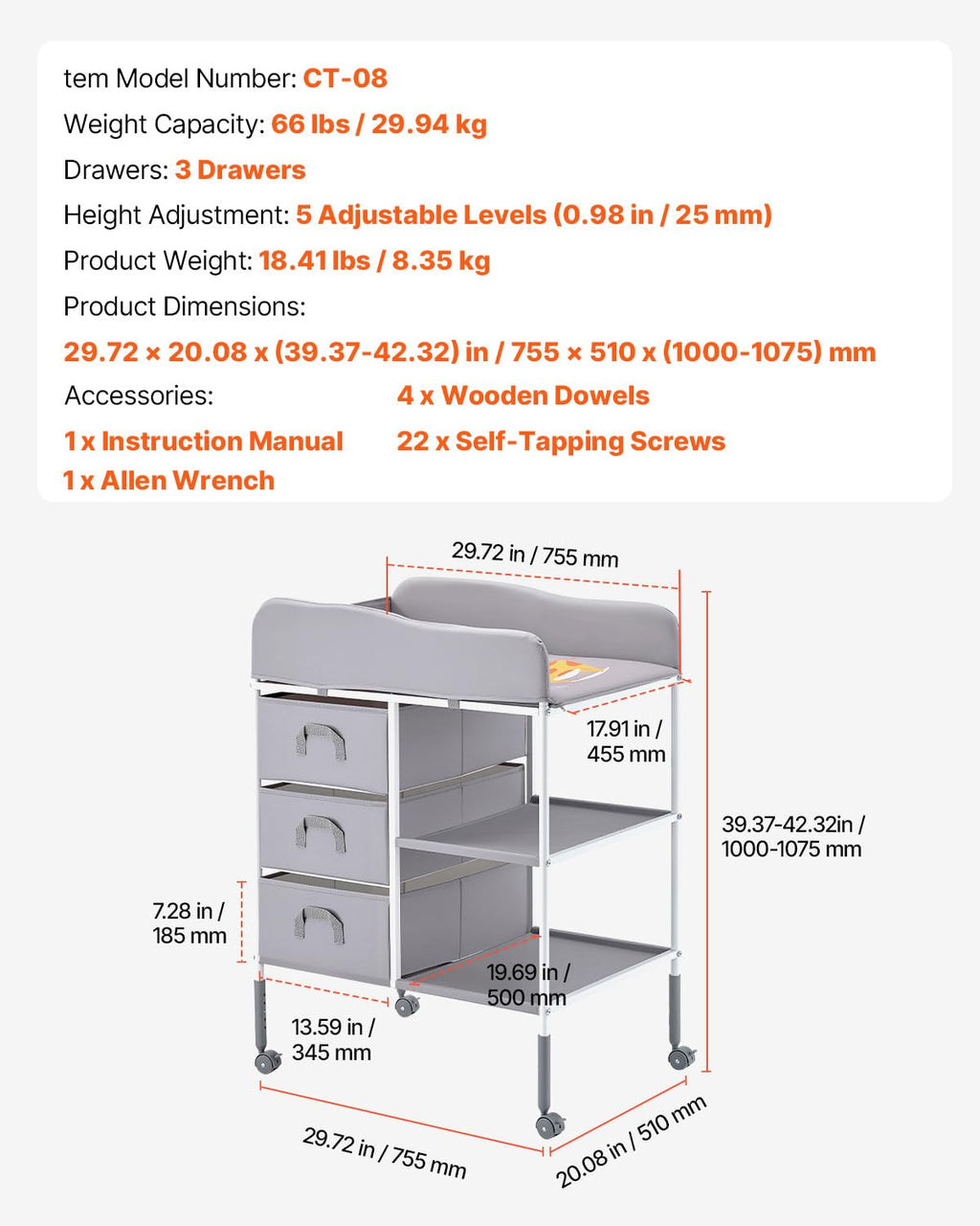 Adjustable Height Baby Changing Table with 3 Fabric Drawers G3429