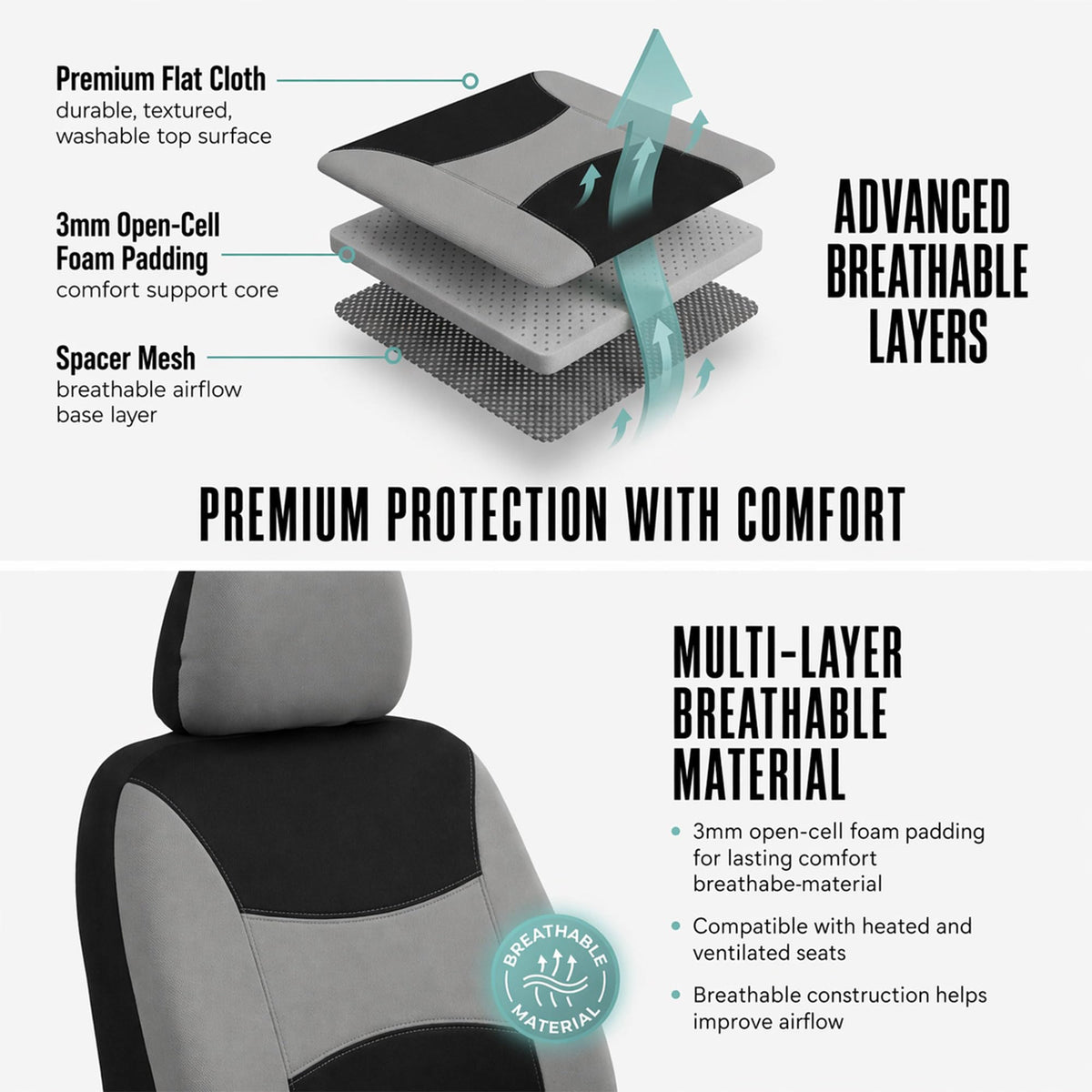 Gray Black Universal Fit Automotive Seat Covers Combo Set with Steering Wheel Cover and Seat Belt Pad I696
