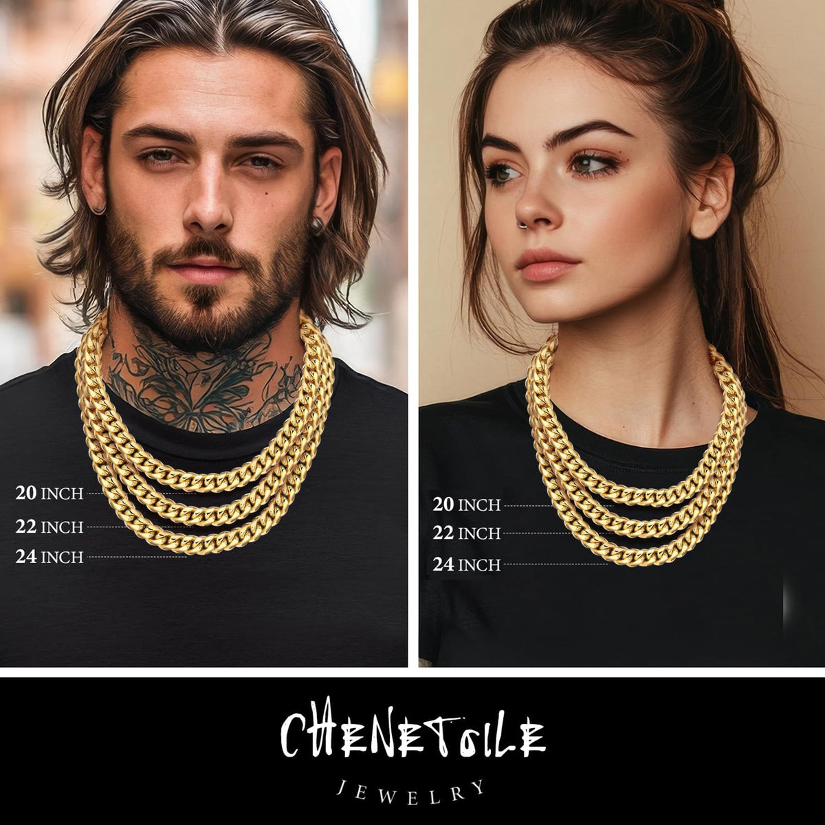 Gold Cuban Link Chain 316L Stainless Steel Necklace 20/22/24 Inches A539