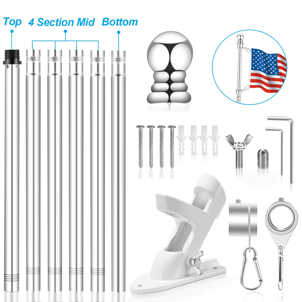 Silver 7 FT Metal Flagpole Kit and 304 Stainless Steel Flagpole Clips V883328