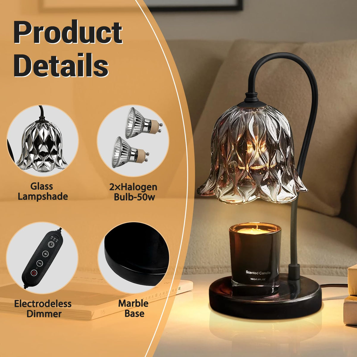 Candle Warmer Lamp with Timer Dimmer Marble Base M192249