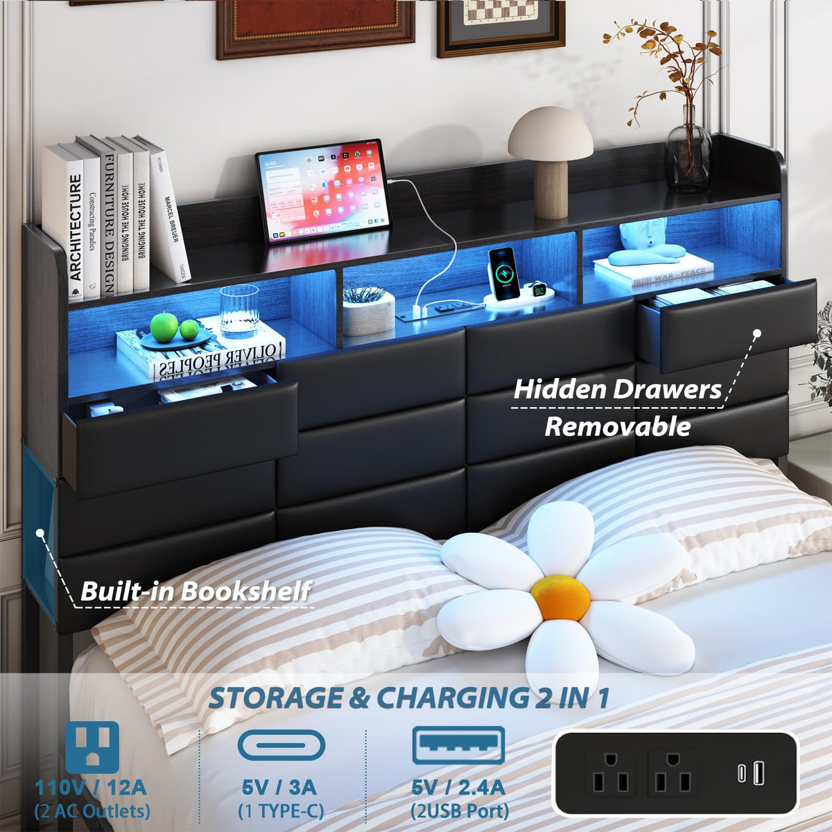 Black Upholstered Bed Frame with Storage Headboard, 4 Drawers, LED Lights, and Charging Station G4857