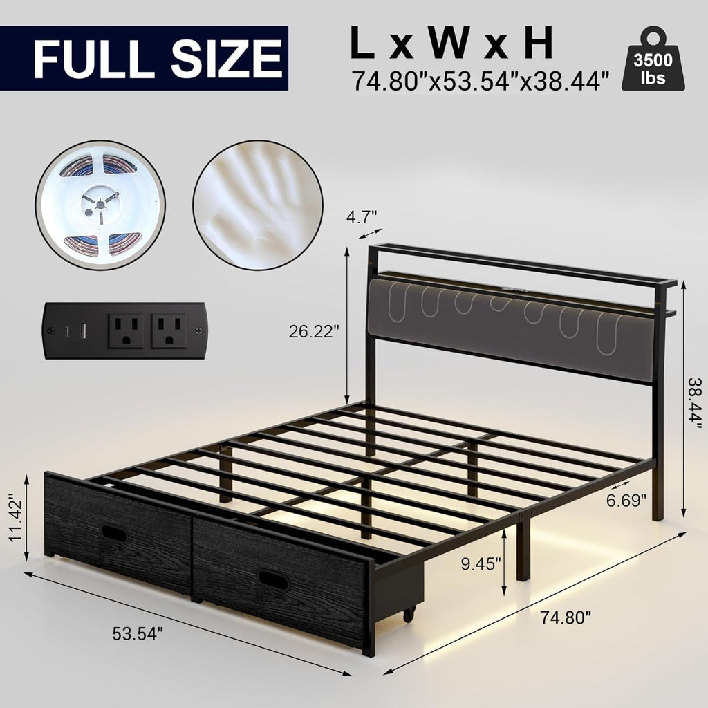 Full Bed Frame with 2 Drawers, LED Lights and Charging Station L20225