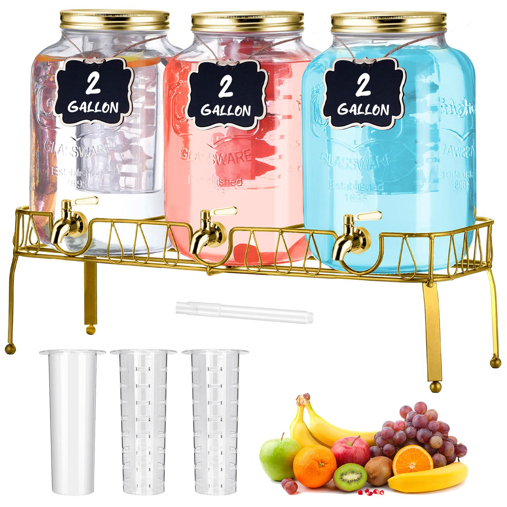 3 Pcs 2 Gallon Glass Drink Dispenser with Stand and Lid O45817