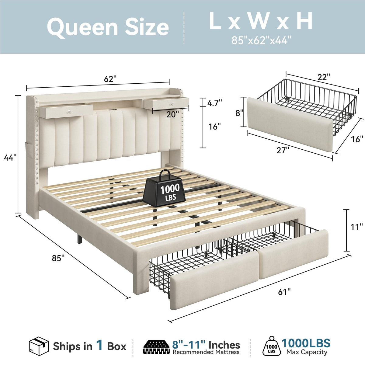 Queen Bed Frame with Storage Headboard & 4 Drawers W10285