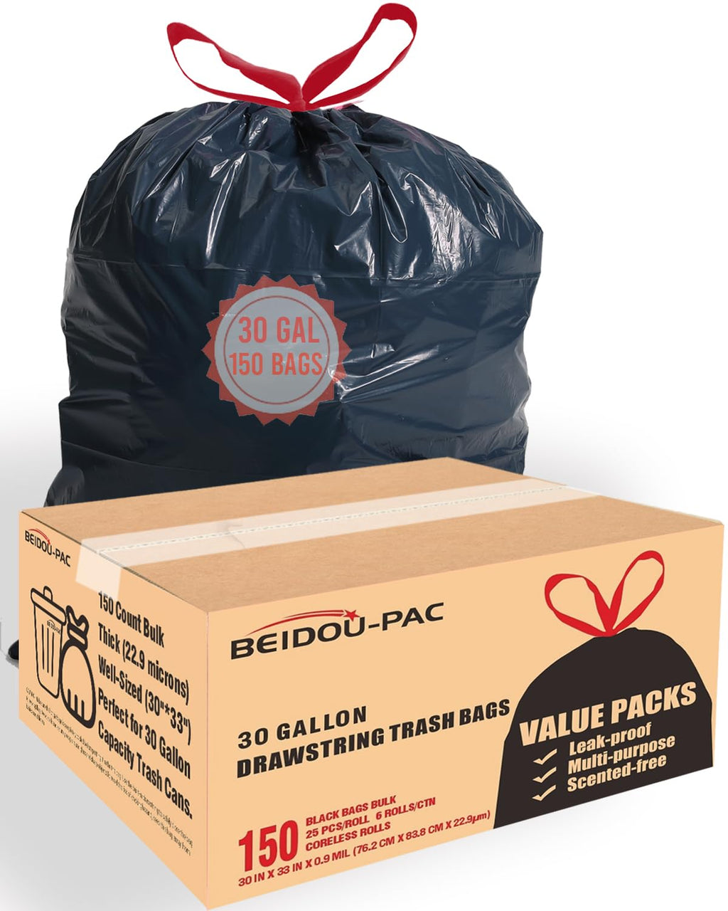30 Gallon Drawstring Trash Bags, 150 Count Black Heavy Duty P4171