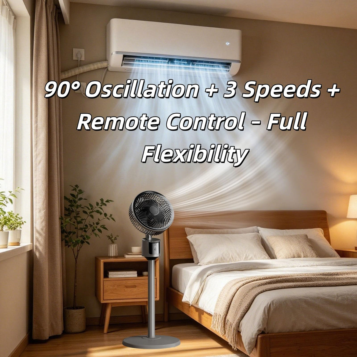 Standing Fan with Remote, 90° Oscillating, 3 Speeds, Adjustable Height, Gray Q243