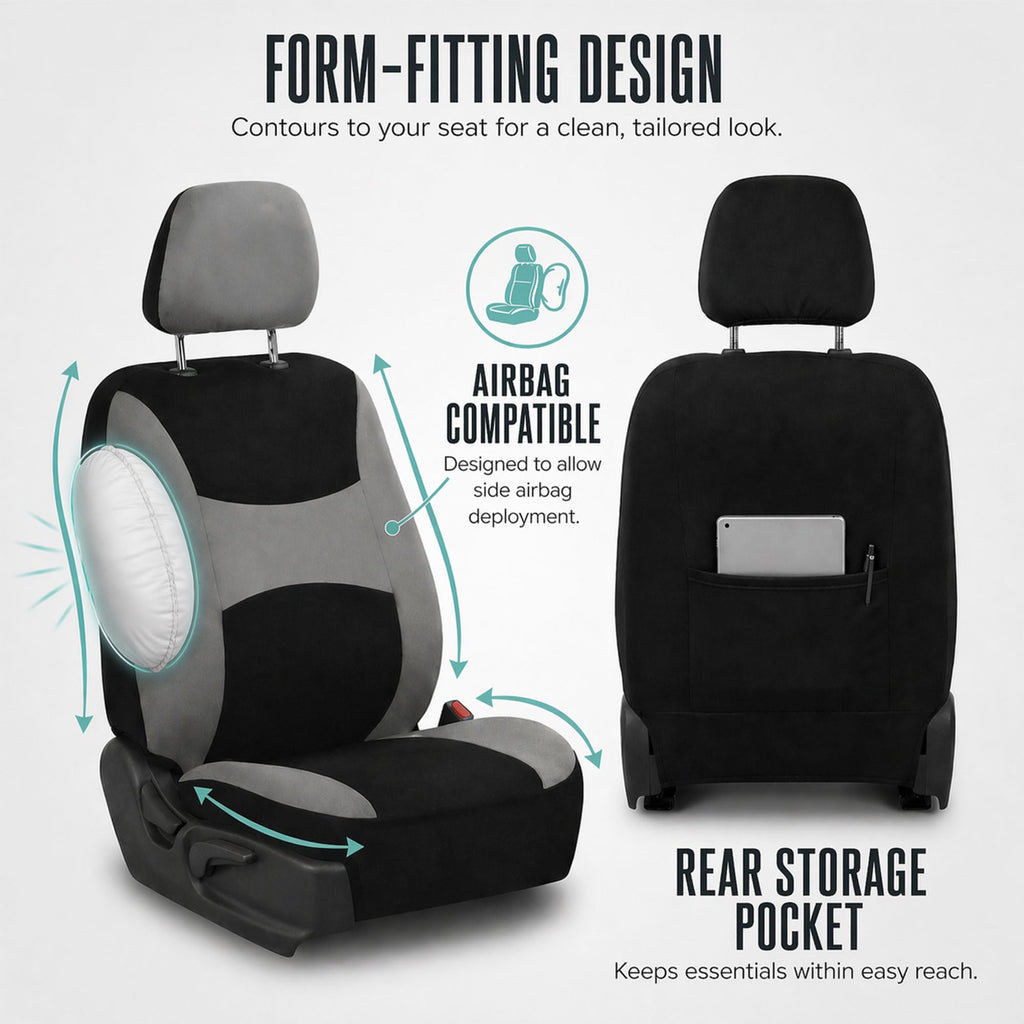 Gray Black Universal Fit Automotive Seat Covers Combo Set with Steering Wheel Cover and Seat Belt Pad I696