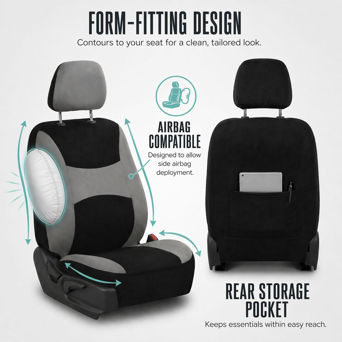 Gray Black Universal Fit Automotive Seat Covers Combo Set with Steering Wheel Cover and Seat Belt Pad I696