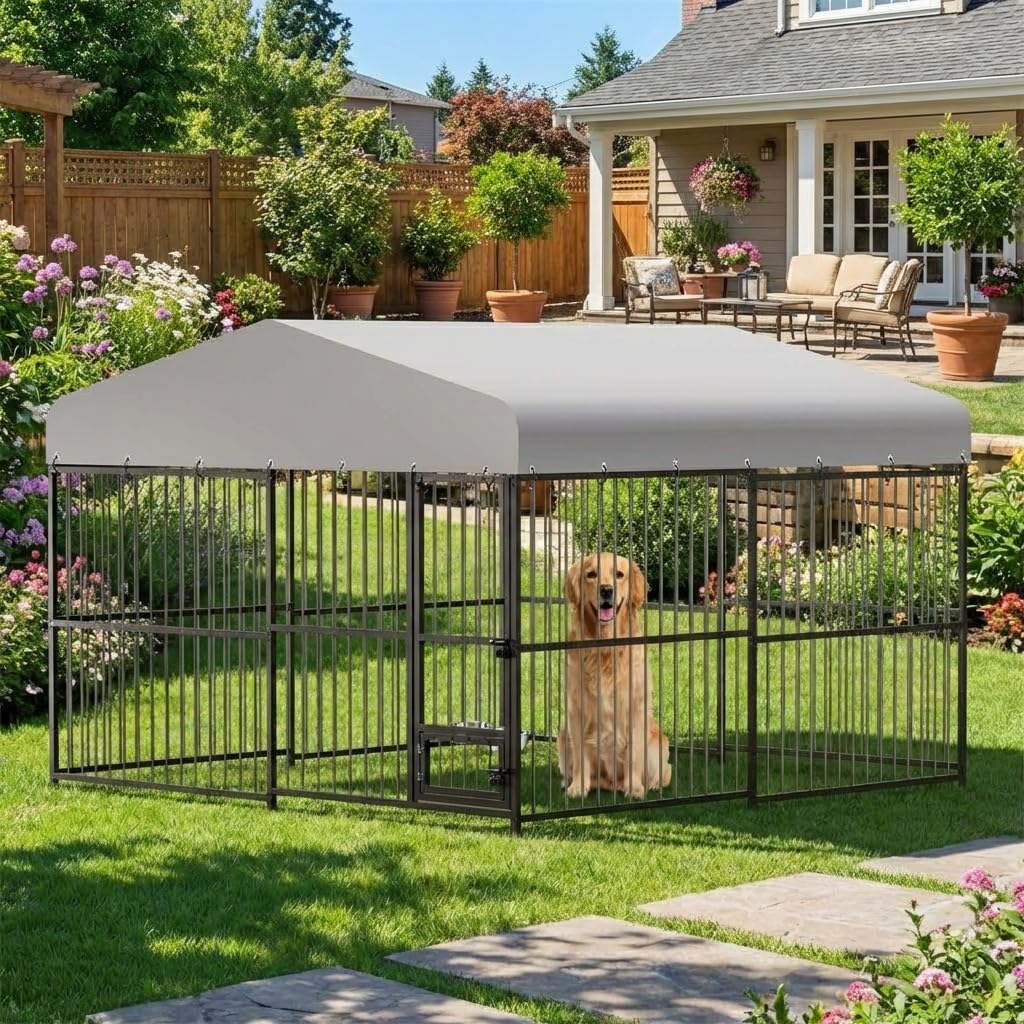 10x10ft Outdoor Dog Kennel with Feeding Door & 2 Bowls H792