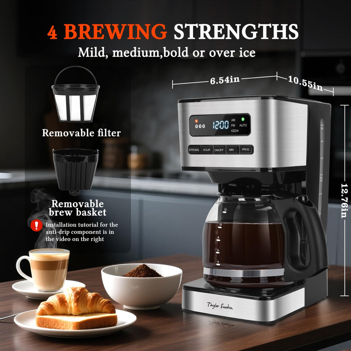 Programmable Coffee Maker 12 Cup, Black & Stainless Steel I331