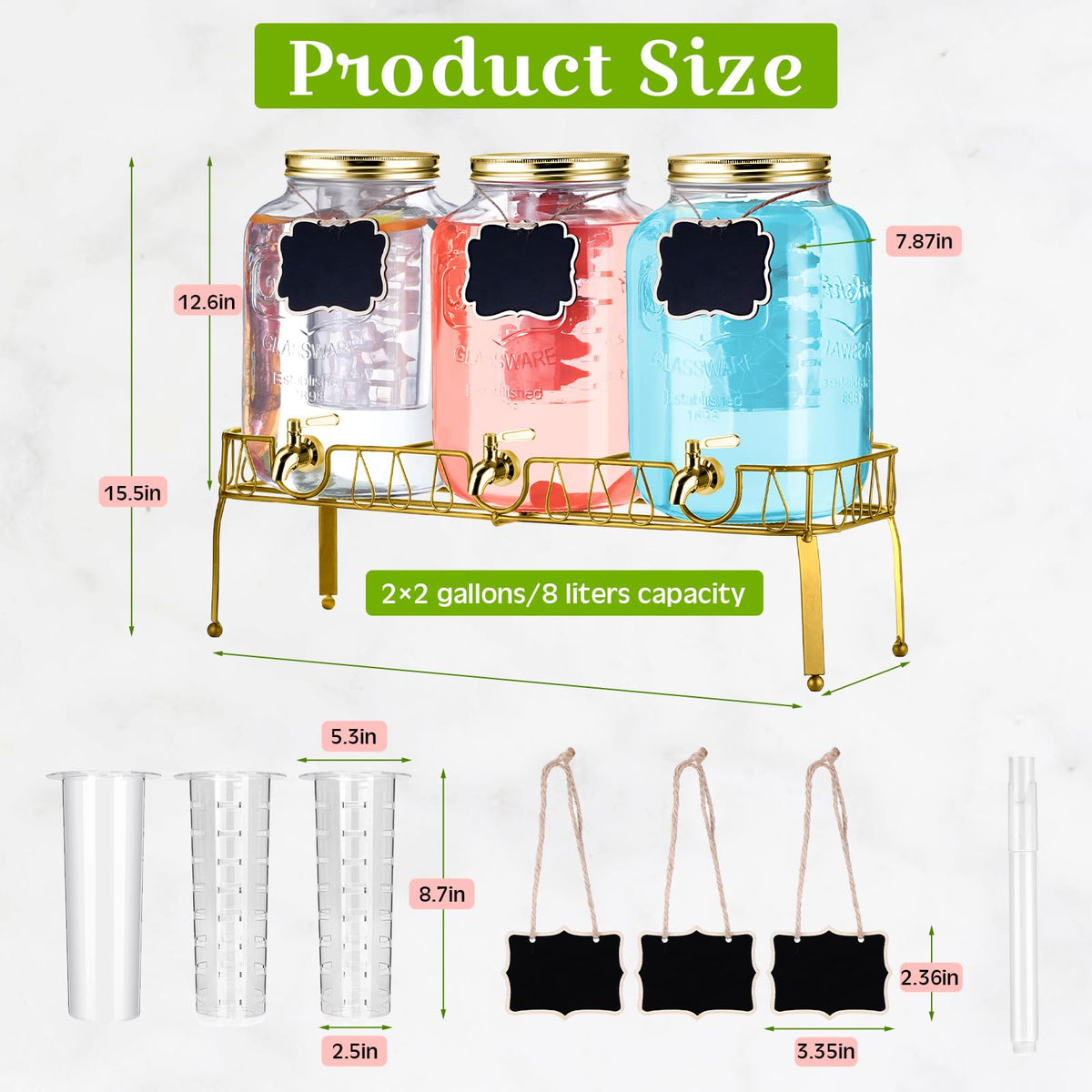 3 Pcs 2 Gallon Glass Drink Dispenser with Stand and Lid O45817