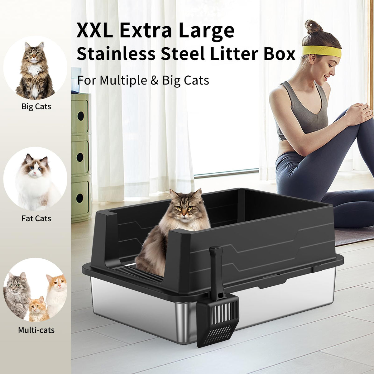 XXXL Stainless Steel Cat Litter Box with High Sides and Scoop Q54575