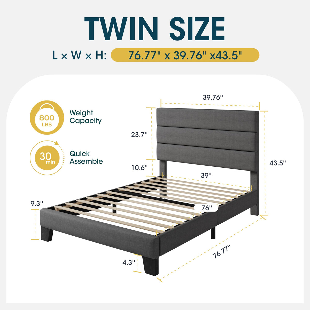 Twin Size Dark Grey Upholstered Fabric Bed Frame N791