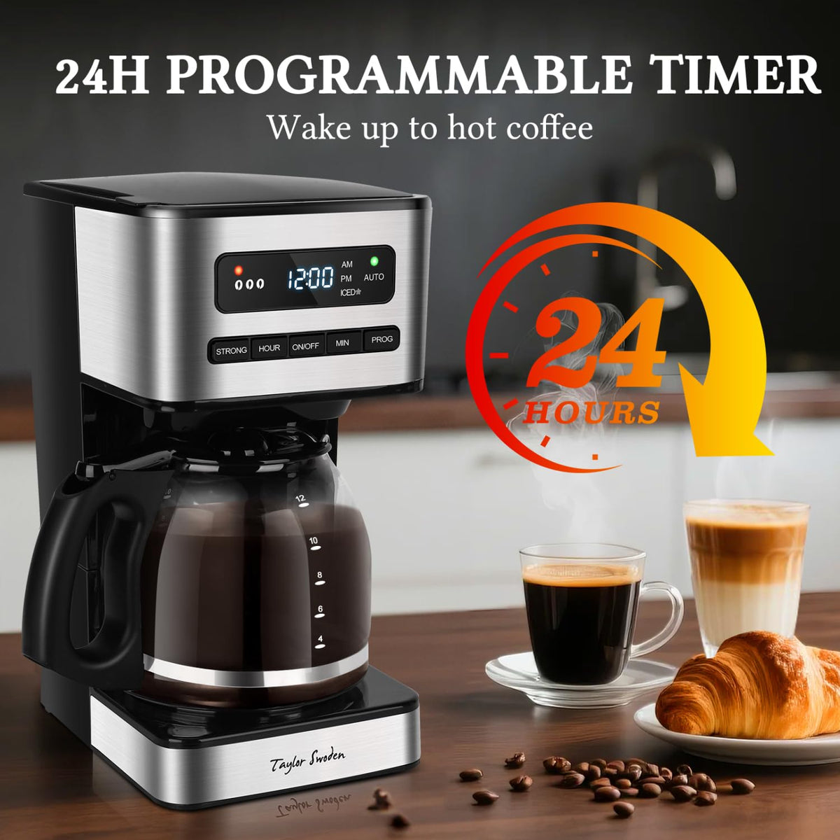 Programmable Coffee Maker 12 Cup, Black & Stainless Steel I331
