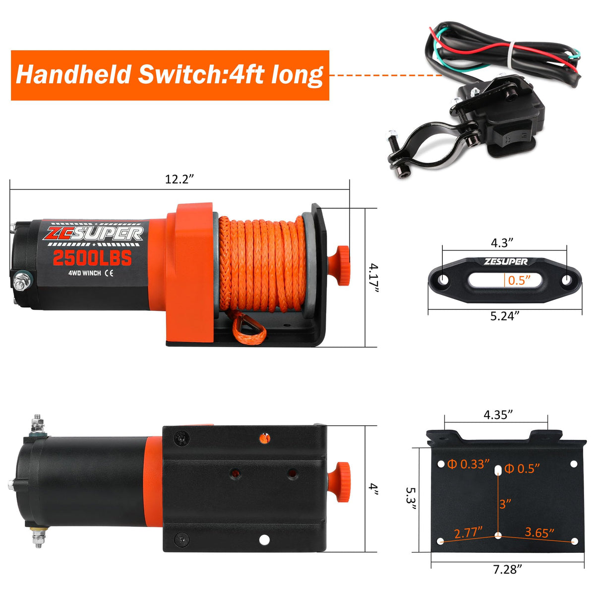 2500 lb Electric Winch 30ft Synthetic Rope 12V DC B229853