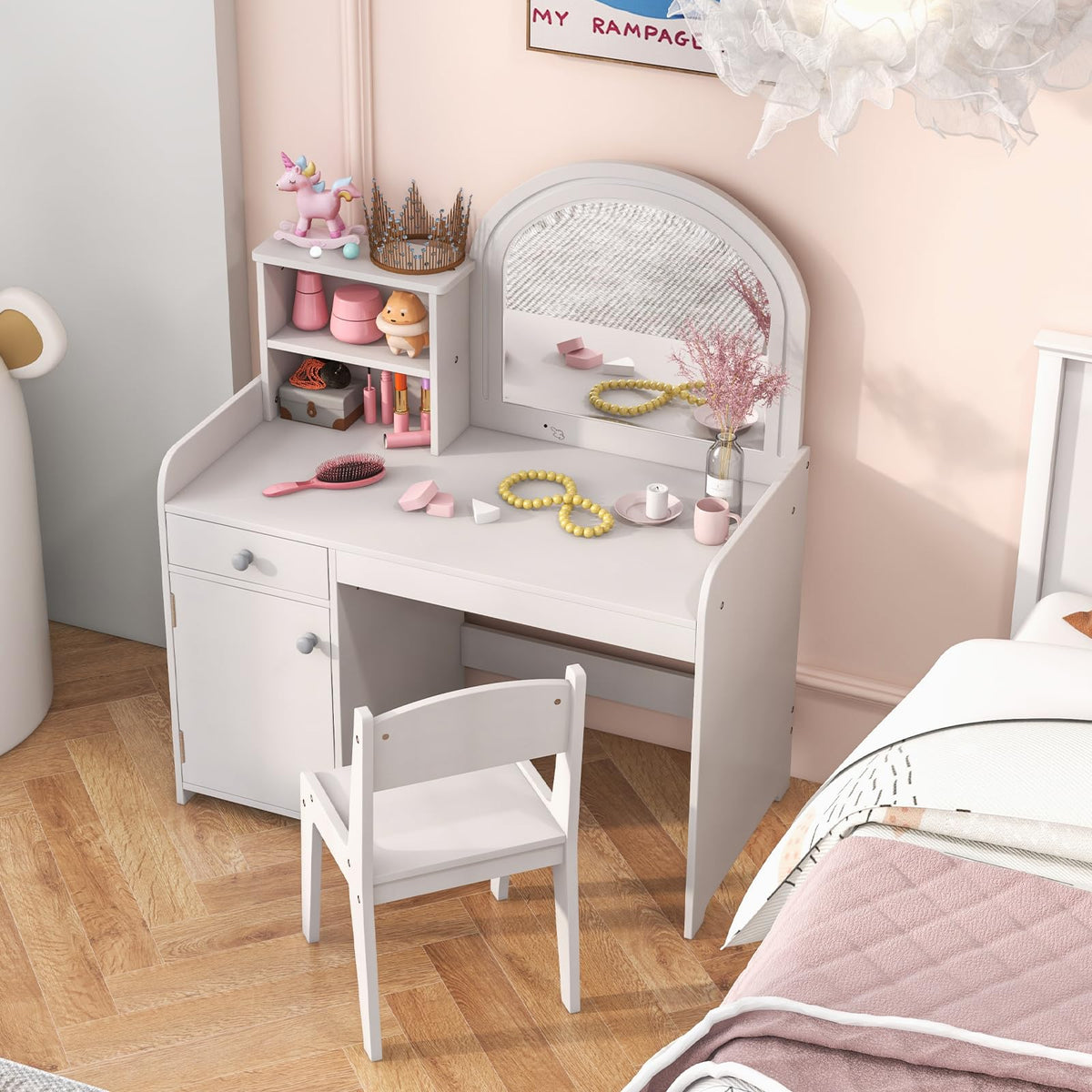 Kids Vanity Table and Chair Set with LED Lighted Mirror J85429