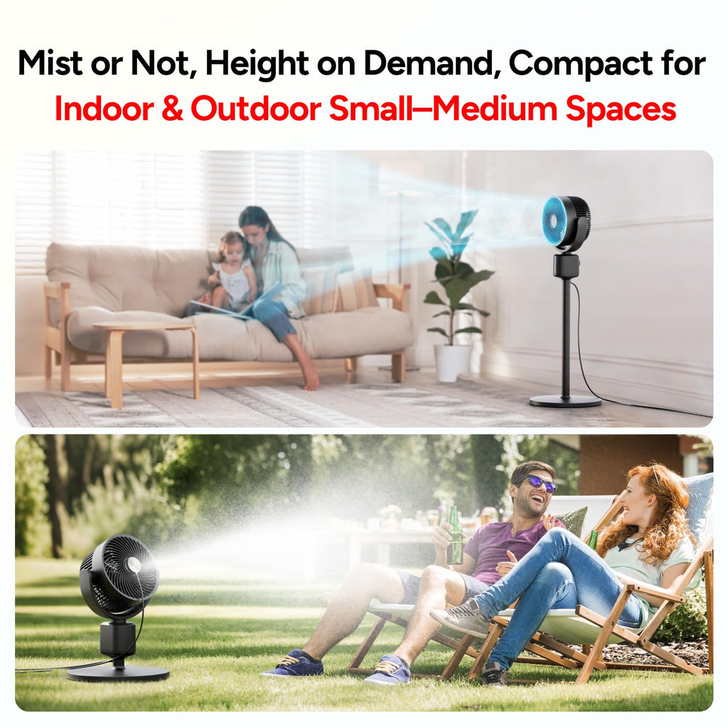 Compact Misting Pedestal Fan with Magnetic Mister, Quiet Air Circulator Standing Fan, 16-34" Adj. Height, 70°Auto-Oscillation, 3 Speeds F5091
