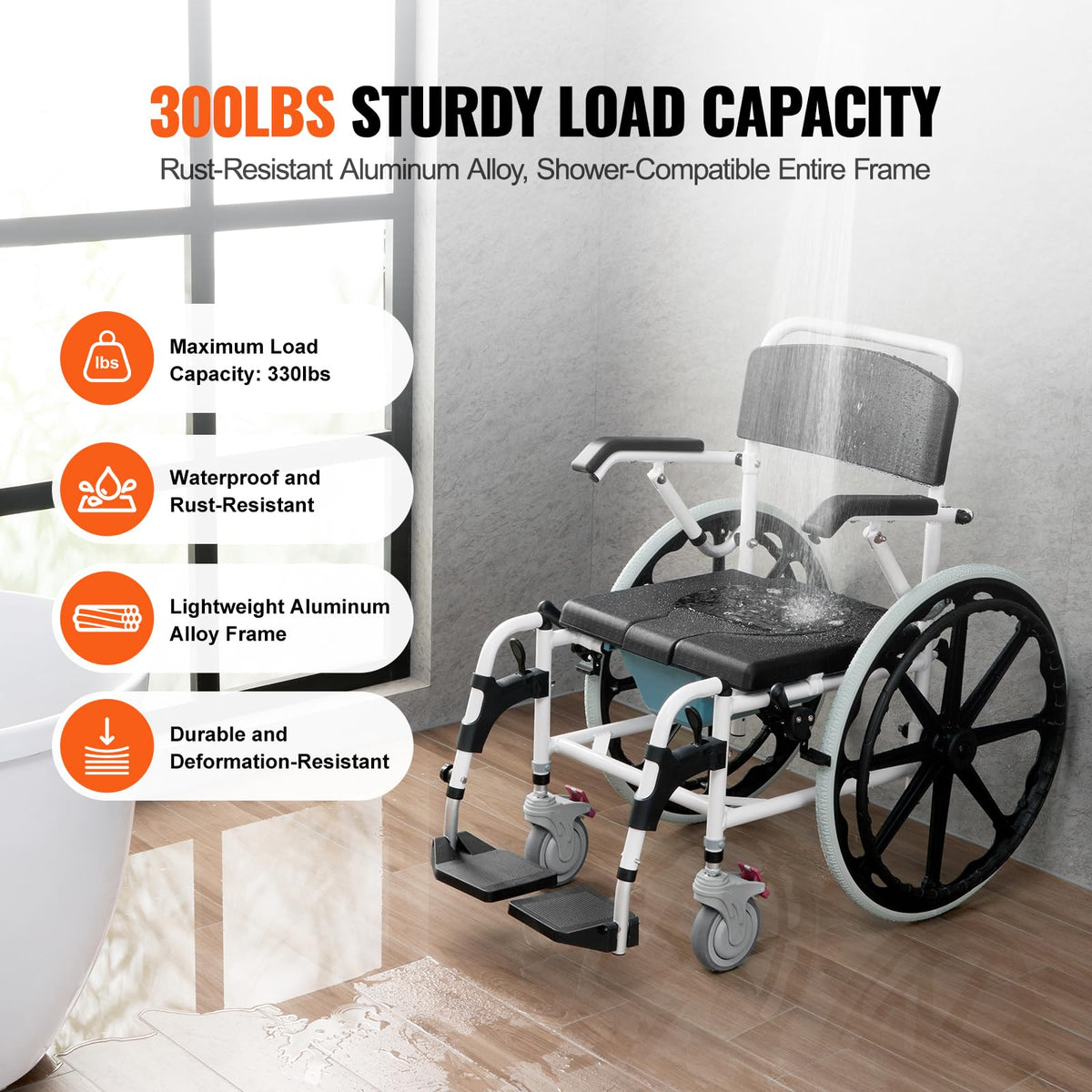 17.5in Adjustable Aluminum Shower Wheelchair with Brake A70011