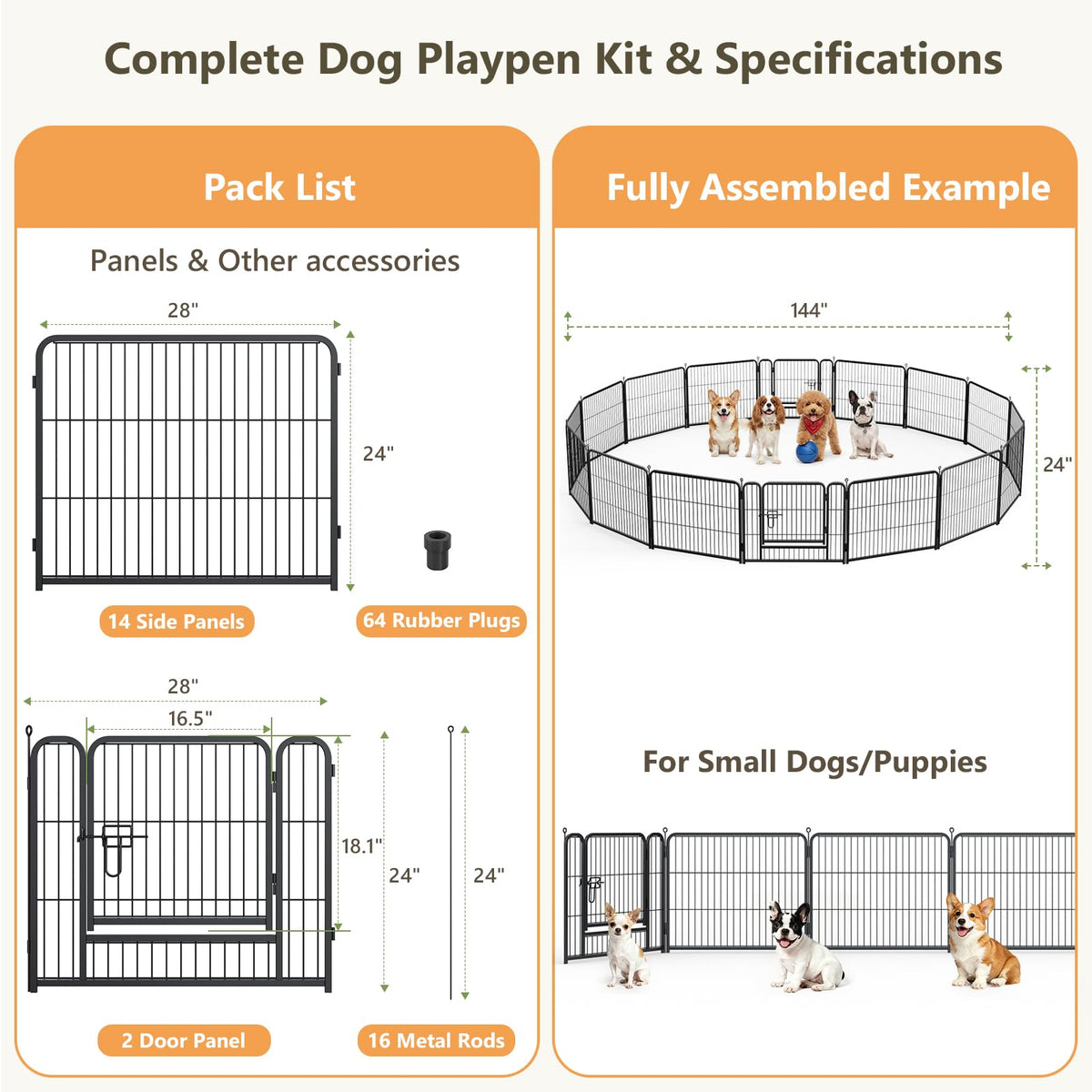 24" Height 16 Panels Foldable Metal Dog Playpen with Door R4651