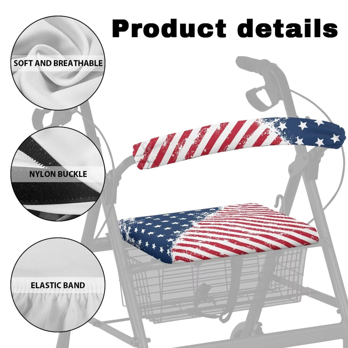 Blue White Star and Red Stripes Rollator Walker Seat and Backrest Covers H16572