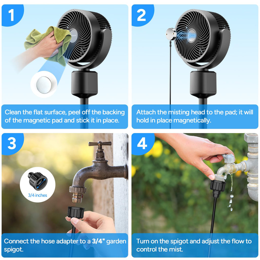 Compact Misting Pedestal Fan with Magnetic Mister, Quiet Air Circulator Standing Fan, 16-34" Adj. Height, 70°Auto-Oscillation, 3 Speeds F5091
