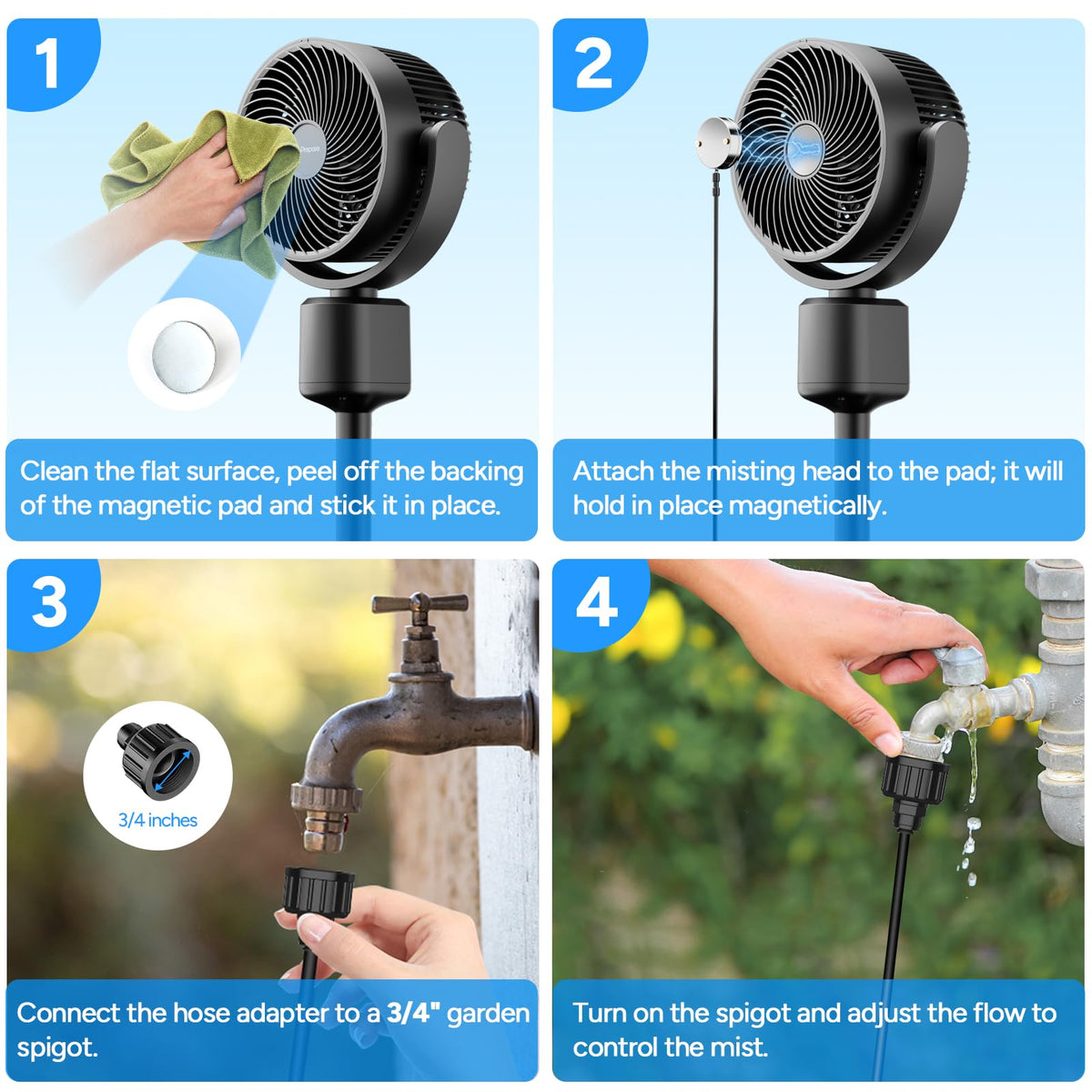 Compact Misting Pedestal Fan with Magnetic Mister, Quiet Air Circulator Standing Fan, 16-34" Adj. Height, 70°Auto-Oscillation, 3 Speeds F5091