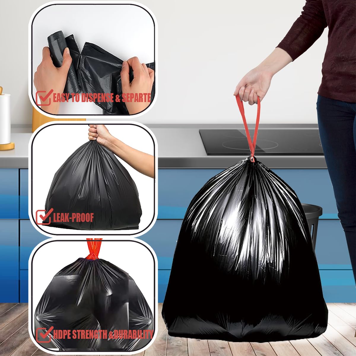 30 Gallon Drawstring Trash Bags, 150 Count Black Heavy Duty P4171