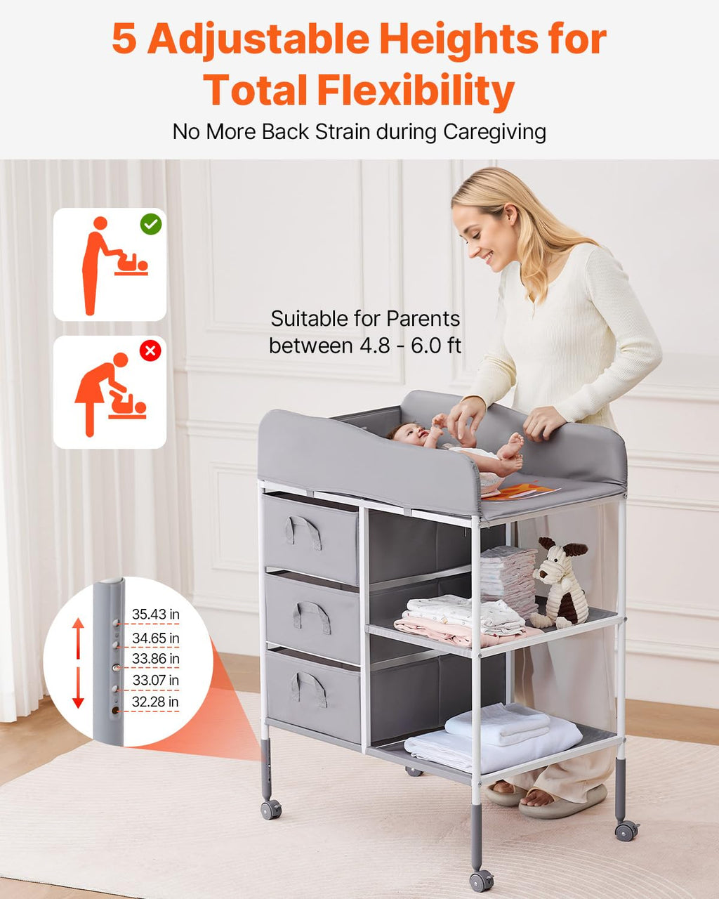Adjustable Height Baby Changing Table with 3 Fabric Drawers G3429