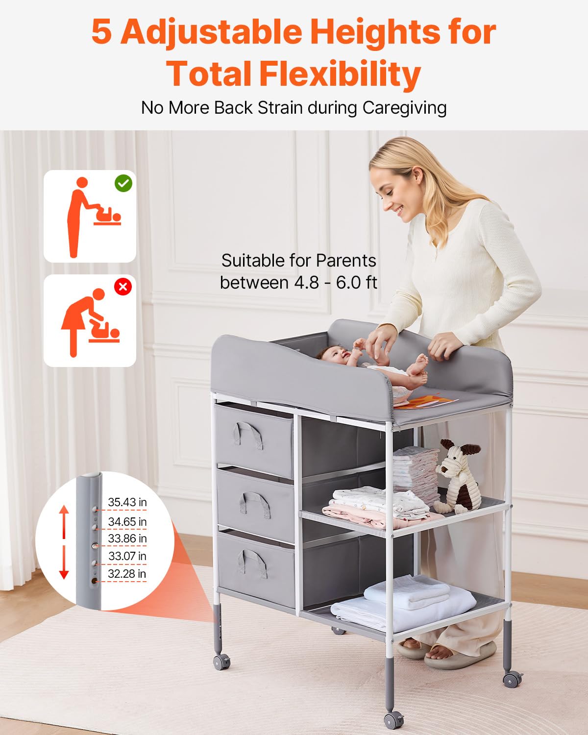 Adjustable Height Baby Changing Table with 3 Fabric Drawers G3429