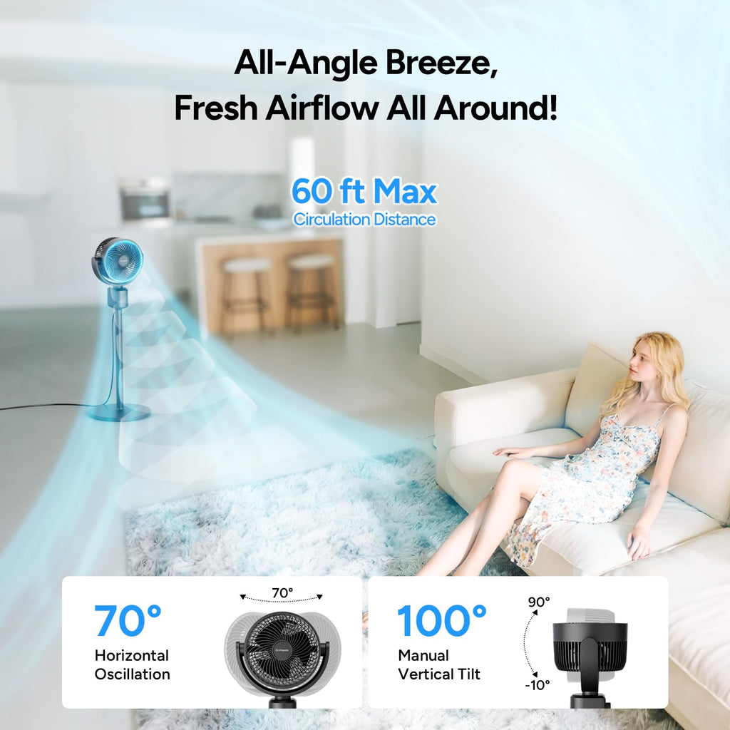 Compact Misting Pedestal Fan with Magnetic Mister, Quiet Air Circulator Standing Fan, 16-34" Adj. Height, 70°Auto-Oscillation, 3 Speeds F5091