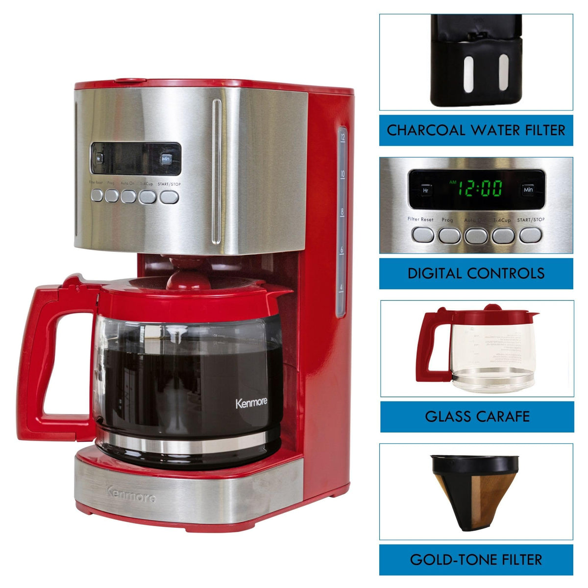 12 Cup Programmable Drip Coffee Maker, Red and Stainless Steel, 12 Pack Charcoal Water Filter G222020