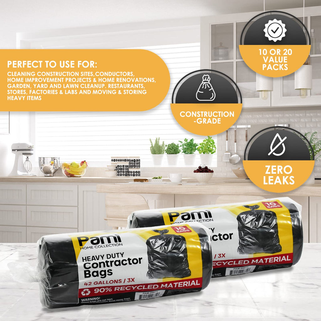Heavy Duty 42-Gallon Contractor Trash Bags, Tear Resistant, Black, 10 Ct S61924