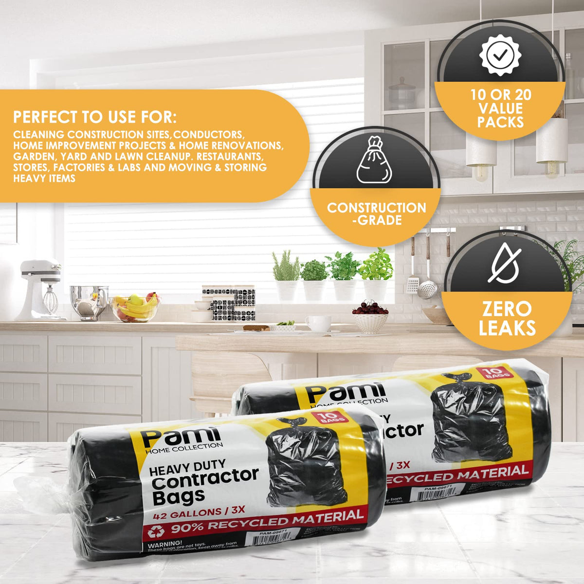 Heavy Duty 42-Gallon Contractor Trash Bags, Tear Resistant, Black, 10 Ct S61924